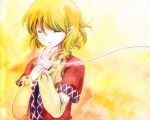 closed_eyes colored_pencil_(medium) mizuhashi_parsee pointy_ears red_string shiroaisa touhou traditional_media watercolor_(medium) 