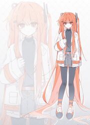  1girl a.i._voice absurdly_long_hair absurdres adachi_rei alternate_hair_length_(longer) belt black_shirt black_thighhighs closed_mouth commentary full_body grey_shorts highres jacket long_hair long_sleeves looking_at_viewer mei_(meiday_mise) open_clothes open_jacket orange_belt orange_eyes orange_hair shirt shoes shorts sneakers solo standing thigh-highs untranslatable_commentary utau very_long_hair white_jacket zoom_layer 