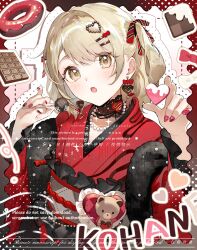  1girl :o azusawa_kohane blonde_hair bow brown_eyes candy chocolate chocolate_bar choker commentary cookie doughnut earrings food hair_ornament hair_ribbon hairclip heart heart_earrings heart_hair_ornament highres holding holding_food japanese_clothes jewelry kimono light_blush looking_at_viewer makka_potato necklace open_mouth outline parallel_hairclips pearl_necklace pink_nails project_sekai red_kimono ribbon solo striped_ribbon stuffed_animal stuffed_toy teddy_bear too_many_watermarks two_side_up untranslatable_commentary watermark 