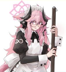  1girl :o absurdres ahoge animal_ear_fluff animal_ears apron arknights back_bow black_bow bow bowtie broom buttoned_cuffs buttons collared_dress commission commissioner_upload cowboy_shot demon_horns dress droopy_ears embarrassed enmaided flat_chest fox_ears fox_girl fox_tail frills glasses halo highres holding holding_broom horns juliet_sleeves large_bow light_blush lilith_mori_(cynfritters) long_hair long_sleeves looking_to_the_side maid maid_apron maid_headdress non-web_source original pianobat pink_eyes pink_hair puffy_sleeves rhine_lab_logo round_eyewear sidelocks sweat sweatdrop swept_bangs tail 