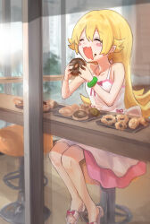  1girl bare_shoulders blonde_hair chair commentary_request doughnut dress eating food food_on_face happy highres holding holding_food long_hair monogatari_(series) open_mouth oshino_shinobu pink_dress pointy_ears saliva sitting smile tray vampire white_dress yotuba_mokoh_(benzenex) 