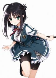  1girl :d black_hair blue_eyes blush breasts commentary_request hair_between_eyes hair_ornament highres hitachi_mako long_hair long_sleeves looking_at_viewer mako open_mouth senren_banka short_hair simple_background smile solo yuzusoft 