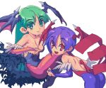  bad_id bare_shoulders bat_wings blue_pantyhose breasts capcom cleavage demon_girl elbow_gloves feathers fingerless_gloves flat_chest gloves green_eyes green_hair head_wings headwings leotard lilith_aensland long_hair metata morrigan_aensland multiple_girls pantyhose purple_hair purple_pantyhose red_eyes short_hair succubus vampire_(game) wings 