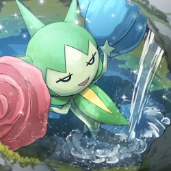  absurdres blue_flower blue_rose colored_skin commentary_request flower green_skin highres open_mouth outdoors pokemon pokemon_(creature) pokemon_focus red_flower red_rose rose roselia_(pokemon) smile solo sparkle spicyichizo water 