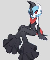  1other alternate_color black_gloves blue_hair commentary crossed_legs elbow_gloves fusion gallade gardevoir gloves grey_background horns looking_at_viewer mega_gardevoir mega_pokemon necr0ism orange_eyes pokemon pokemon_(creature) shiny_pokemon simple_background sitting 