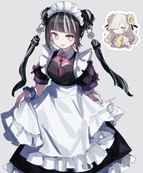  2girls :d absurdres alternate_costume apron black_hair blonde_hair blue_hair blunt_bangs blush_stickers bow chinese_clothes cleavage_cutout clothing_cutout cropped_jacket double_bun dress enmaided flower flower_knot frilled_apron frilled_dress frills grey_hair hair_bun hair_extensions hair_flower hair_ornament highres isekaijoucho kamitsubaki_studio light_blush lolita_fashion long_hair looking_at_viewer maid maid_apron maid_headdress multicolored_dress multicolored_hair multiple_girls naturally_detached_hair neck_tassel noranekogahara qi_lolita qi_maid red_bow short_sleeves side_part smile streaked_hair tassel turtleneck turtleneck_dress waist_apron white_apron white_dress wrist_cuffs yellow_dress yellow_eyes yellow_flower 