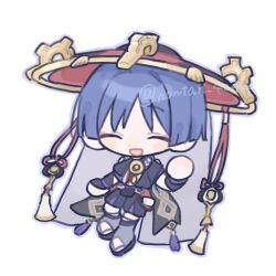  1boy arm_at_side armor black_sandals black_shorts black_sleeves blunt_ends chibi chibi_only choppy_bangs circle_hands closed_eyes commentary_request eyeliner facing_viewer furisode genshin_impact gold gold_trim grey_hair grey_outline grey_veil hand_up happy hat highres japanese_armor japanese_clothes jingasa kimono kote kurokote layered_shorts layered_sleeves makeup male_focus nontan_4242 open_mouth outline purple_rope purple_shirt purple_sleeves red_eyeliner red_hat rope sandals scaramouche_(genshin_impact) shimenawa shirt short_sleeves shorts solo tassel toeless_legwear twitter_username veil white_background white_rope zouri 