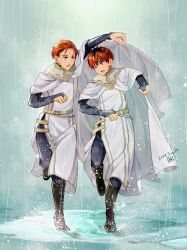  2boys cape commentary_request full_body highres multiple_boys one_eye_closed open_mouth rain red_eyes red_hair short_hair sousou_no_frieren stark_(sousou_no_frieren) stoltz_(sousou_no_frieren) water white_cape yuzuka-53 