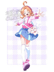  1girl ahoge akechi_anna bag beret blue_skirt bow closed_eyes double_bun facing_viewer footwear_bow full_body hair_bow hair_bun hat highres huge_ahoge jewelry long_sleeves medium_hair meitantei_precure! necklace open_mouth orange_hair outstretched_arm outstretched_arms parted_bangs pink_bow pink_shirt pink_shoes pochi-tan precure purple_hat serizawa_serizane shirt shoes shoulder_bag skirt smile solo spread_arms standing thigh-highs white_thighhighs 