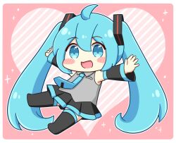  1girl :d ahoge blue_eyes blue_hair blue_necktie blush_stickers border chibi chibi_only commentary_request detached_sleeves diagonal-striped_background double-parted_bangs full_body hair_between_eyes hatsune_miku long_hair looking_at_viewer necktie nukotun open_mouth outline outstretched_arms pink_background smile solo sparkle spread_arms standing striped_background twintails very_long_hair vocaloid white_border white_outline 