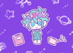  1boy antenna_hair arms_behind_back barefoot basil_(headspace)_(omori) basil_(omori) blue_overalls blush book chibi chibi_only closed_mouth colored_skin commentary double-parted_bangs flower flower_wreath full_body green_eyes green_hair green_shirt hair_between_eyes head_wreath looking_at_viewer male_focus mitsubachi_koucha omori outline overall_shorts overalls purple_background shirt short_sleeves sidelocks smile solo t-shirt untranslatable_commentary watering_can white_outline white_skin 