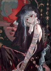  1girl absurdres bandaged_arm bandages black_background black_dress black_veil bracelet braid chinese_commentary closed_mouth commentary_request crescent dress feet_out_of_frame from_side highres jewelry long_hair looking_at_viewer official_alternate_costume procreate_(medium) qixianweijin red_eyes reverse:1999 semmelweis_(reverse:1999) semmelweis_(the_wax_and_wane_of_the_heart)_(reverse:1999) single_braid sleeveless sleeveless_dress smile solo sparkle veil white_hair 