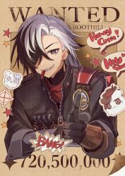  1boy black_eyes black_gloves black_hair black_jacket boothill_(honkai:_star_rail) commentary_request gloves hair_over_one_eye highres honkai:_star_rail honkai_(series) jacket long_hair long_sleeves male_focus mechanical_hands mouth_hold sharp_teeth shirase_(shirose) solo teeth wanted_poster white_hair 