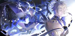  3boys ancient_greek_clothes antenna_hair arm_up armor asymmetrical_wings black_cape black_pants black_sandals blonde_hair blue_eyes blue_fire blue_shirt blue_shorts blue_theme cape chromatic_aberration closed_mouth collarbone cracked_skin crescent_moon dawnmaker_(honkai:_star_rail) fire from_behind full_body full_moon gauntlets greco-roman_clothes grey_hair hair_between_eyes halo halo_behind_head hand_up highres himation holding holding_sword holding_weapon honkai:_star_rail honkai_(series) hood hooded_cape hsgbjisuw long_hair_between_eyes looking_down male_focus moon moon_phases multiple_boys multiple_persona neck_tattoo pants pauldrons phainon_(a_dream_scented_in_wheat)_(honkai:_star_rail) phainon_(flame_reaver)_(honkai:_star_rail) phainon_(honkai:_star_rail) phainon_(khaslana)_(honkai:_star_rail) sandals shirt short_hair short_sleeves shorts shoulder_armor single_gauntlet single_pauldron sitting spread_legs standing sun_symbol sun_tattoo sword tattoo teeth tree upper_body weapon white_halo wings yellow_eyes 