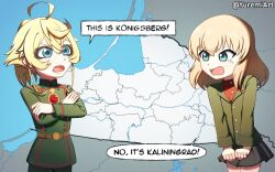  2girls ahoge artist_name belt black_skirt blonde_hair blue_eyes brooch commentary cowboy_shot crossed_arms crossover english_commentary english_text gem girls_und_panzer green_jacket jacket jewelry katyusha_(girls_und_panzer) long_sleeves looking_at_viewer map military military_uniform multiple_girls open_mouth ponytail red_gem short_hair skirt speech_bubble standing tanya_degurechaff tearing_up twitter_username v-shaped_eyebrows youjo_senki yuremiart 