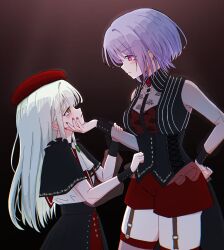 2girls absurdres amoris_(bang_dream!) bang_dream! bang_dream!_it's_mygo!!!!! beret black_capelet black_corset black_skirt breasts capelet chain's closed_mouth commentary_request corset garter_straps green_hair hat height_difference highres long_hair medium_breasts mortis_(bang_dream!) mortis_(costume)_(bang_dream!) multiple_girls nail_polish pink_eyes purple_hair red_hat red_nails red_shorts red_thighhighs shorts skindentation skirt thigh-highs wakaba_mutsumi yellow_eyes yuri yuutenji_nyamu 