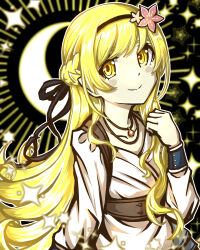  1girl blonde_hair closed_mouth commentary_request crescent dress flower hair_ornament highres jewelry long_hair looking_at_viewer monogatari_(series) moon necklace oshino_shinobu pink_flower pointy_ears princess_acerola smile star_(symbol) tsukihi_shida vampire wazamonogatari white_dress yellow_eyes 