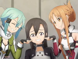  1boy 2girls asuna_(sao) black_eyes closed_eyes commentary_request commission green_hair highres kirito long_hair multiple_girls mysteryctu orange_eyes orange_hair pixiv_commission short_hair shrinking sinon sword_art_online sword_art_online_alternative:_gun_gale_online 