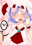  1girl ascot bandages bat_wings brooch closed_eyes fang hand_on_own_face hat hat_ribbon jewelry koyashaka lavender_hair mob_cap open_mouth outline pink_background remilia_scarlet ribbon short_hair short_sleeves simple_background solo speech_bubble tears touhou wings wrist_cuffs 