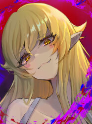  1girl bakemonogatari blonde_hair commentary_request evil_smile fang highres long_hair looking_at_viewer monogatari_(series) naruse_fuami oshino_shinobu pointy_ears smile vampire yellow_eyes 