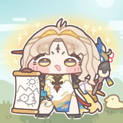  1girl bird black_shoes blonde_hair blush_stickers brown_gloves calligraphy_brush chibi chibi_only commentary_request dress duck full_body gloves grass hair_intakes holding holding_calligraphy_brush holding_paintbrush holding_scroll korean_commentary long_hair looking_at_viewer monyami open_mouth outline paintbrush parted_bangs pelvic_curtain scroll shoes solo sparkle standing suisui_(wuthering_waves) tacet_mark_(wuthering_waves) v-shaped_eyebrows white_dress white_outline wuthering_waves yellow_eyes 