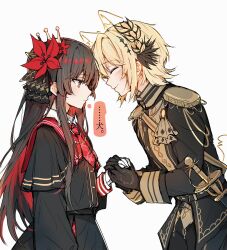  2girls black_coat black_gloves black_hair black_shirt black_skirt blonde_hair closed_eyes coat collared_shirt commentary_request crown epaulettes flower gloves grabbing_another's_hand hair_flower hair_ornament hasumi_leia highres lionet0806 long_hair mahou_shoujo_no_majo_saiban mini_crown multiple_girls necktie parted_lips rapier red_eyes red_flower red_necktie shinosawa_hiro shirt short_hair simple_background skirt sword weapon white_background white_gloves 