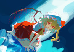  absurdres ascot bakujin_99 between_legs blonde_hair clothes_writing crystal_wings frilled_shirt_collar frilled_skirt frills fur_hat hair_between_eyes hand_between_own_legs hat highres long_hair mob_cap one_side_up open_mouth puffy_short_sleeves puffy_sleeves red_ascot red_eyes red_ribbon red_shirt red_vest ribbon shirt short_sleeves sitting skirt sleeve_ribbon smile triangle_mouth vest wariza white_hat white_shirt wings 