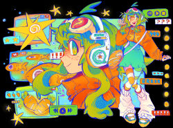  1girl agfgoth_3 ahoge alternate_costume aqua_dress black_background carrot_bag character_name dress floating_hair goggles goggles_on_head green_eyes green_hair gumi headphones headset highres jacket multiple_views orange_jacket pause_button play_button red-tinted_eyewear red_goggles short_hair short_hair_with_long_locks star_(symbol) star_print striped_clothes striped_thighhighs thigh-highs tinted_eyewear vocaloid window_(computing) 