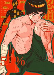  1boy absurdres bandaged_arm bandaged_hand bandages bandaid bandaid_on_cheek bandaid_on_face bandaid_on_leg bandaid_on_nose black_hair blunt_bangs bodysuit bodysuit_around_waist bowl_cut closed_mouth green_bodysuit highres hugging_own_legs lower_eyelashes_only m0_mo_momo male_focus multiple_scars naruto_(series) red_background rock_lee scar scar_on_leg scars_all_over short_hair sitting solo thick_eyebrows topless_male 