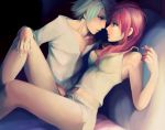  1girl bed blue_eyes blue_hair couple eye_contact final_fantasy final_fantasy_xiii hope_estheim itori_(artist) lightning_(ff13) lightning_farron long_hair lying pink_hair romantic short_hair 