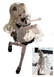  1girl animal_ears apron bib_collar black_bow black_bowtie black_dress black_eyes blonde_hair blush bow bowtie chubuna commentary_request dog_ears dog_girl dog_tail dress frilled_apron frilled_dress frills hair_between_eyes highres holding_own_dress kneehighs maid maid_apron maid_headdress mary_janes original puffy_short_sleeves puffy_sleeves reference_inset shoes short_dress short_sleeves sidelocks socks standing standing_on_one_leg tail waist_apron white_apron white_trim 