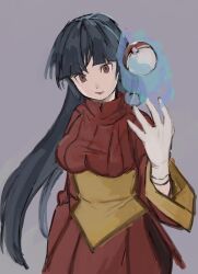  1girl black_hair breasts brown_eyes closed_mouth commentary_request dress gloves glowing_object grey_background hand_up highres kmusy_mp4 long_hair long_sleeves pokemon pokemon_firered_and_leafgreen red_dress sabrina_(pokemon) simple_background solo telekinesis white_gloves 