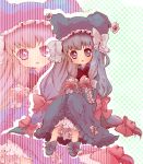  bad_id bow chibi dress flower frills hair_bow hair_ribbon hat highres long_hair mo-no no_nose open_mouth patchouli_knowledge purple_hair ribbon rose shoes sitting solo touhou very_long_hair zoom_layer 