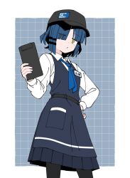  1girl alternate_costume apron black_hat black_pantyhose blue_hair blue_necktie bocchi_the_rock! border collared_shirt commentary_request eyes_visible_through_hair feet_out_of_frame grey_apron grey_background grey_skirt grid_background hair_over_one_eye hat highres holding long_sleeves looking_at_viewer necktie pantyhose pleated_skirt sabisabi shirt short_hair skirt solo standing white_border white_shirt yamada_ryo yellow_eyes 