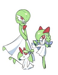  3girls blue_bow bob_cut bow braid braided_twintails colored_skin commentary_request dress evolutionary_line gardevoir green_hair green_skin hair_bow hair_over_one_eye highres horns kirlia korean_commentary mengkemon multicolored_skin multiple_girls pokemon pokemon_(creature) ralts red_eyes simple_background smile two-tone_skin white_background white_dress white_skin 