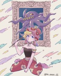  1girl armband bare_shoulders black_shirt blonde_hair blue_eyes breasts commentary_request creature earrings final_fantasy final_fantasy_vi full_body hair_between_eyes hat highres holding holding_paintbrush ika_okura_66 jewelry kneeling paint paintbrush pants pendant_choker picture_frame pink_hat pink_shoes print_pants red_eyes red_pants relm_arrowny sharp_teeth shirt shoes short_hair single_earring small_breasts strapless strapless_shirt sweatdrop teeth tentacles twintails ultros wavy_hair 