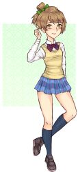  1girl alternate_hair_length_(shorter) black_shoes blue_skirt blue_socks blush bow bowtie brown_eyes closed_mouth commentary_request eyelashes full_body green_bow hair_bow highres kneehighs lips long_sleeves love_live! love_live!_school_idol_project minami_kotori mixed-language_commentary outline shirt shoes short_hair skirt smile socks solo standing standing_on_one_leg striped_bow striped_bowtie striped_clothes striped_skirt sweater_vest transparent_background two-tone_bow two-tone_bowtie vertical-striped_clothes vertical-striped_skirt viokinori white_outline white_shirt yellow_sweater_vest 