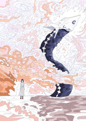  1girl absurdres animal black_hair commentary dress flat_color grey_dress hato_(n_hat_mu) highres ligne_claire long_sleeves original outdoors oversized_animal short_hair solo standing water waves whale wide_shot 