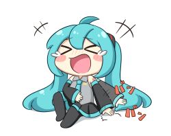  >_< +++ 1girl :d afterimage ahoge blue_hair blue_necktie blush_stickers chibi chibi_only closed_eyes commentary_request detached_sleeves double-parted_bangs full_body hatsune_miku highres laughing long_hair motion_lines necktie nukotun open_mouth simple_background sitting smile solo tearing_up very_long_hair vocaloid white_background xd 