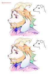  1boy artist_name asgore_dreemurr beard blonde_hair closed_mouth commentary deltarune english_commentary facial_hair floppy_ears furry furry_male goat_horns highres horns looking_at_viewer looking_to_the_side male_focus multiple_views reference_inset twitter_username utdr_(toby_fox) white_background white_fur yereren 