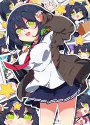 >_< 6+girls :d absurdres arm_up black_hair blue_sailor_collar blue_skirt blush breasts brown_cardigan cardigan character_request closed_mouth commentary_request cowboy_shot double-parted_bangs double_horizontal_stripe drop_shadow green_eyes hair_between_eyes headphones headphones_around_neck highres kizuna_akari kotonoha_akane kyoumachi_seika large_breasts long_sleeves microphone milkpanda miniskirt multiple_girls multiple_views necktie open_cardigan open_clothes open_mouth outline pleated_skirt red_necktie sailor_collar school_uniform serafuku shirt short_hair skirt smile star_(symbol) teeth touhoku_zunko upper_teeth_only vocaloid voiceroid white_outline white_shirt xd |_| 
