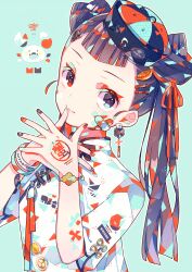  1girl aqua_background bandaid bandaid_on_face black_hair black_nails blue_nails blunt_bangs bracelet china chinese_clothes commentary double_bun earrings facial_mark fingernails hair_bun hair_ornament hair_ribbon hairclip hands_up heterochromia highres jewelry long_hair looking_at_viewer multicolored_nails nail_art nail_polish original red_nails ribbon short_sleeves simple_background smile solo sticker tsutomu_(hghrttm) twintails upper_body 