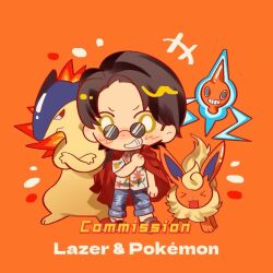  >_< +++ 1boy 2786867956wuyu animification black_hair closed_eyes commentary commission crossed_arms crossover curtained_hair dot_nose english_commentary facing_viewer flareon floral_print full_body grin hand_up highres jacket jacket_on_shoulders kamen_rider kamen_rider_ex-aid_(series) kujo_kiriya looking_at_viewer open_mouth pants pokemon pokemon_(creature) rotom round_eyewear shoes short_hair short_sleeves smile standing sunglasses typhlosion watermark yellow_eyes 