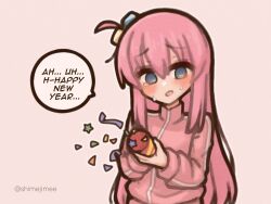  1girl blue_eyes blush bocchi_the_rock! commentary confetti english_commentary english_text gotoh_hitori hair_between_eyes hair_ornament happy_new_year highres holding holding_party_popper jacket long_hair long_sleeves looking_at_viewer new_year open_mouth party_popper pink_hair pink_jacket shimejimee simple_background solo speech_bubble track_jacket twitter_username 