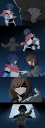  absurdres armor arms_behind_back black_unitard blue_hair blue_skin brown_hair cape chinese_commentary colored_skin commentary_request deltarune double_horizontal_stripe grey_sweater highres kris_(dark_world)_(deltarune) kris_(deltarune) outstretched_arms partial_commentary pink_cape short_hair spread_arms sweater utdr_(toby_fox) vessel_(deltarune) yunlin_e 