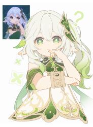  1girl ? bare_shoulders bracelet closed_mouth commentary cropped_torso cross-shaped_pupils detached_sleeves dress finger_to_mouth fingernails genshin_impact gold_trim gradient_hair green_eyes green_hair green_sleeves hair_between_eyes hair_ornament highres jewelry ki_ii37 leaf_hair_ornament long_hair looking_at_viewer multicolored_hair nahida_(genshin_impact) pointy_ears reference_inset screenshot_inset side_ponytail simple_background sleeveless sleeveless_dress solo symbol-shaped_pupils thinking untranslatable_commentary white_background white_dress white_hair 