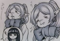  2girls blunt_bangs blush bow closed_eyes closed_mouth coat commentary_request earrings elf fern_(sousou_no_frieren) frieren grey_hair greyscale handkerchief holding holding_handkerchief jewelry long_hair monochrome motion_lines multiple_girls multiple_views nanashi_suou nose_blush open_mouth parted_bangs pointy_ears pout runny_nose scarf scarf_bow shirt sneezing snot sousou_no_frieren spoken_character squiggle thick_eyebrows trembling turtleneck turtleneck_shirt twintails v-shaped_eyebrows white_coat white_shirt 