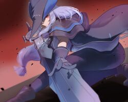  1girl aqua_hat arknights artist_name ascot black_gloves black_pants boots cloak commentary_request debris dust foreshortening full_body gloves grey_hair grey_shirt hair_between_eyes hat hat_over_one_eye highres holding holding_sword holding_weapon light_frown long_hair low-tied_long_hair mukipero pants red_background red_eyes shirt simple_background skadi_(arknights) solo squatting sword very_long_hair weapon 