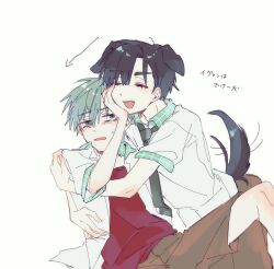  2boys alien_stage animal_ears arrow_(symbol) black_hair black_necktie brown_shorts closed_eyes collared_shirt commentary contrast_collar dog_boy dog_ears dog_tail fang green_eyes grey_hair highres hug ivan_(alien_stage) layered_shirt male_focus multiple_boys necktie open_clothes open_shirt red_shirt sakizome school_uniform shirt short_hair shorts tail tail_wagging till_(alien_stage) translation_request untranslatable_commentary very_short_hair white_shirt 