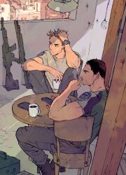  2boys arm_up ashtray beard_stubble black_boots boots chair chris_redfield cigarette closed_mouth coffee coffee_mug commentary cup elbow_on_knee english_commentary facial_hair frown grey_pants gun hand_in_own_hair highres holding holding_cup indoors lanimalu looking_to_the_side male_focus mug multiple_boys pants phone piers_nivans resident_evil resident_evil_6 s.t.a.r.s._uniform shirt short_hair short_sleeves sideways_glance sitting smoking steam stubble t-shirt table very_short_hair watch watch weapon 